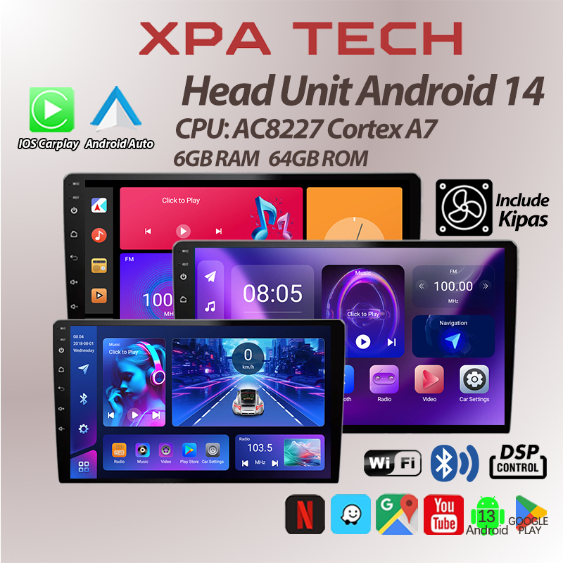 8+64GB Head Unit Android 15 Mobil 2Din Fast CPU 1.5GHz Support Carplay Video Out IPS Screen Untuk TO