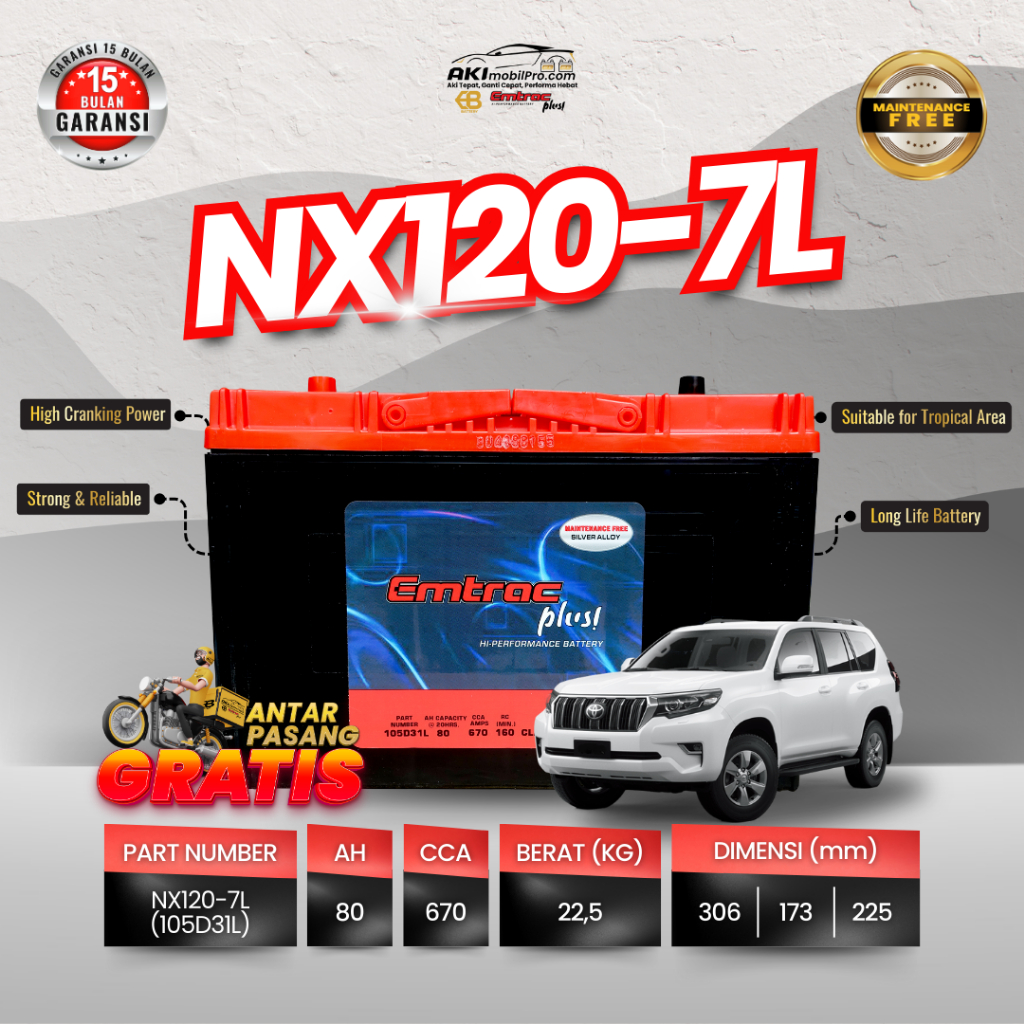 Aki Mobil Toyota Land Cruiser Prado | EMTRAC PLUS BATTERY NX120-7L (105D31L) 80Ah CCA 670Amps Kering