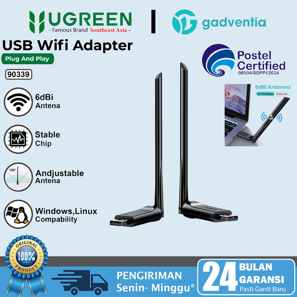 UGREEN USB Wifi Internet Modem Wireless Adapter 650Mbps 6dBi High Gain Antenna Laptop Komputer 90339