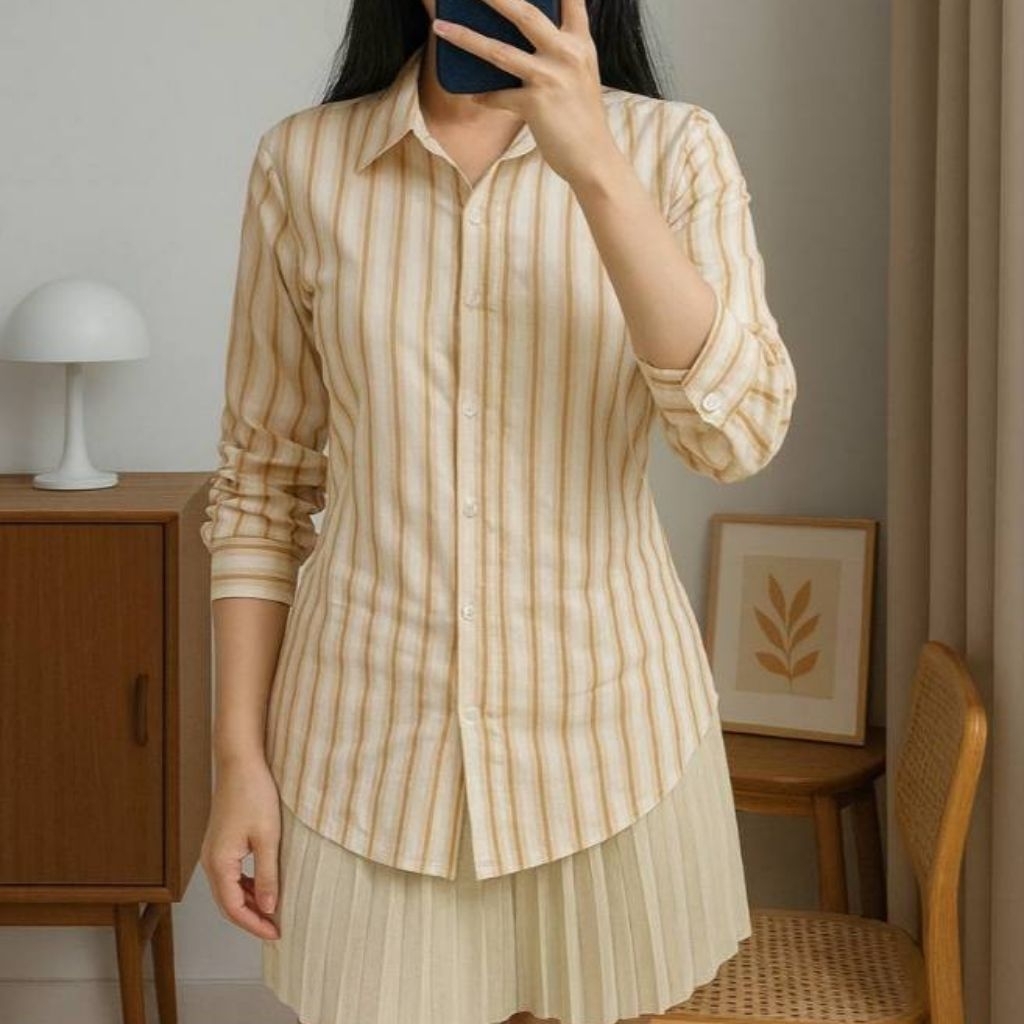 Kemeja Garis Slim Pres Body Wispie Salur Fitted shirt Girl Boss