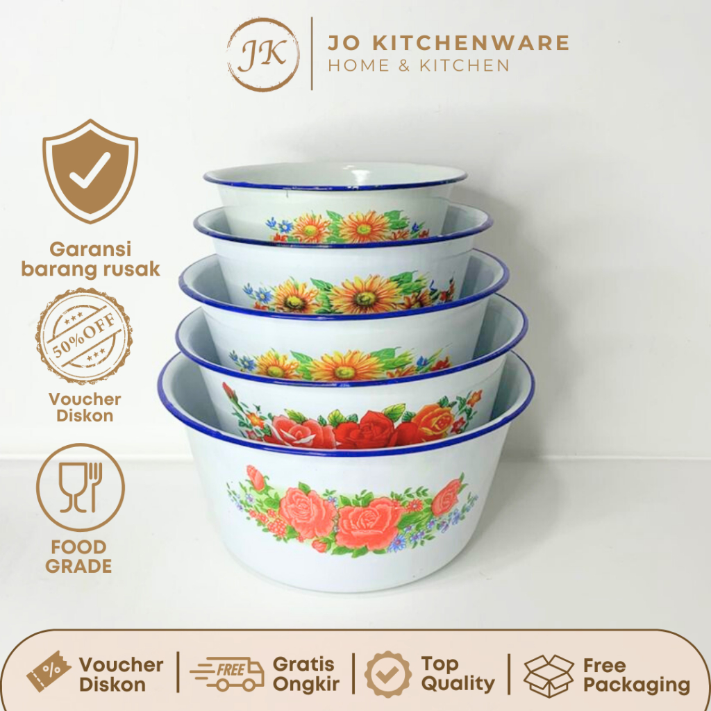 Waskom Dalam Putih Enamel Motif Bunga (UK : 18, 20, 22, 24, 26cm) / Basi Enamel Unik / Baskom Koboka