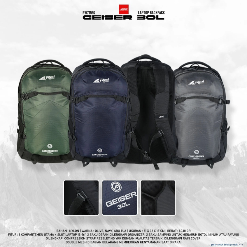 TAS RANSEL AREI 7159 DP. GEISER 30L AREI OUTDOOR GEAR - DAYPACK PRIA WANITA - TAS PUNGGUNG SEKOLAH K