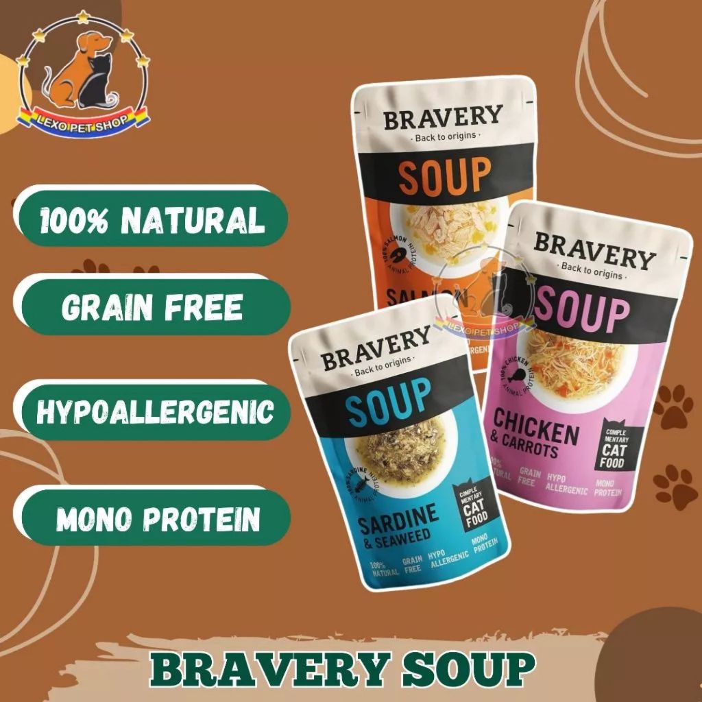 BRAVERY CAT SOUP 40gr Grain Free Hypoallergenic Natural Mono Protein Makanan Basah Kucing Anak Dewas