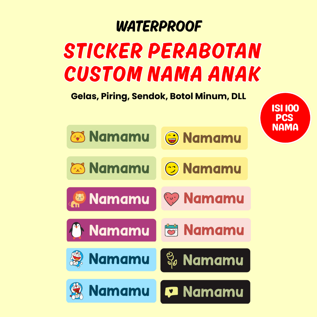 

Sticker Anak 3D 100Pcs Custom Nama Piring Sendok Botol Gelas Perabotan timbul waterproof label Ajaib