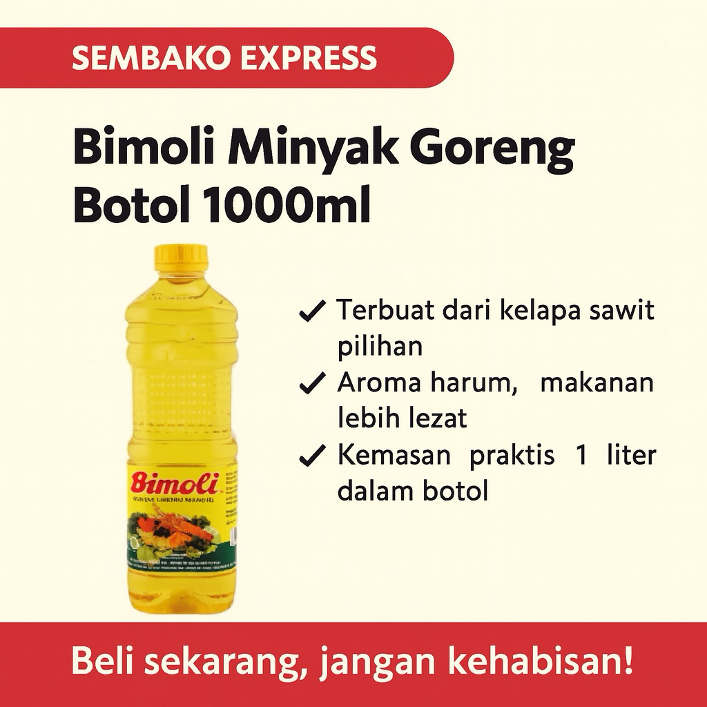 

Bimoli Minyak Goreng Botol 1 Liter – Jernih, Gurih, dan Sehat