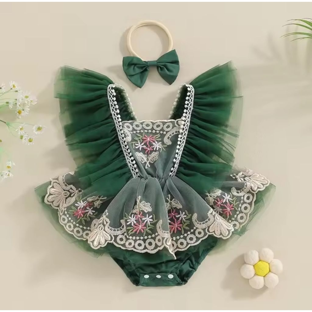 romper dress anak perempuan cantik  murah green emerald / dress bayi murah / romper bayi perempuan c