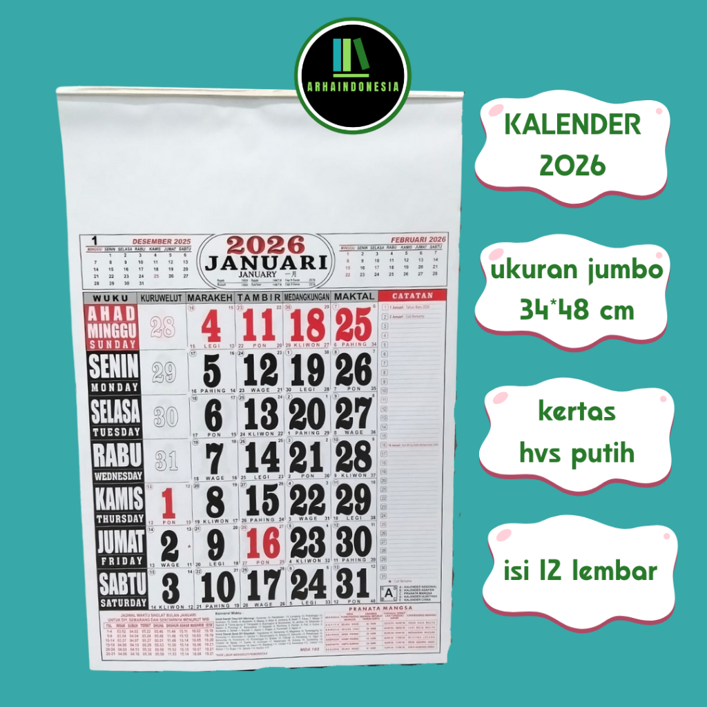 

KALENDER 2026 Kalender Dinding 1 bulanan isi 12 lembar HVS ukuran 32*48 cm SIAP PASANG