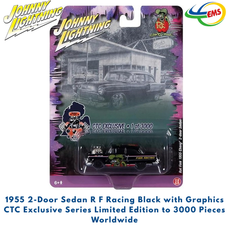 JLCP7386 - Johnny Lightning 1/64 1955 2-Door Sedan R F Racing Black with Graphics CTC Exclusive Seri