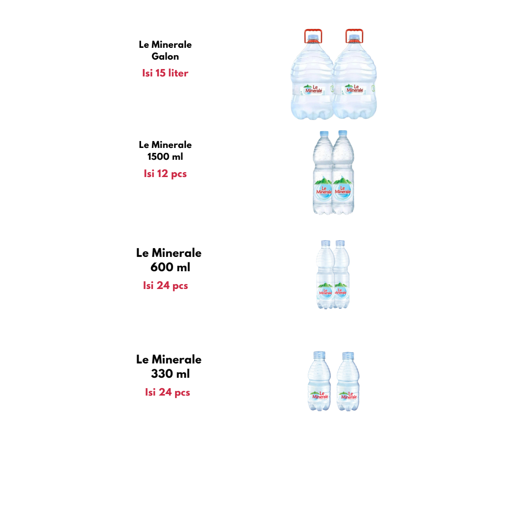 

Le Minerale Air Mineral Galon 15L, 1500ml Karton Isi 12 Botol, 600ml Karton Isi 24 Botol, dan 330ml Karton Isi 24 Botol