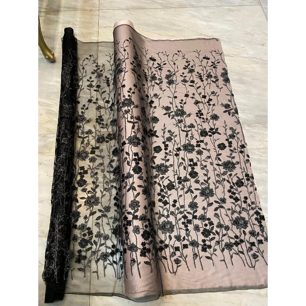 Terbaru Kain Brokat Tile Embroidery Motif Bunga Mewah Garden Floral Warna Hitam Harga Setengah Meter