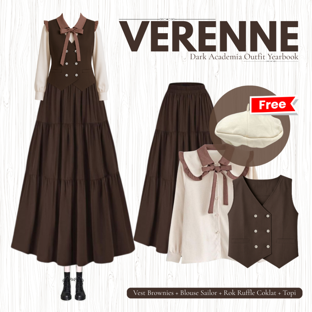 [Hijab Frendly] Dark Academia Yearbook Outfit | One Set Mahogany Remaja Wanita Kekinian | Chiky073