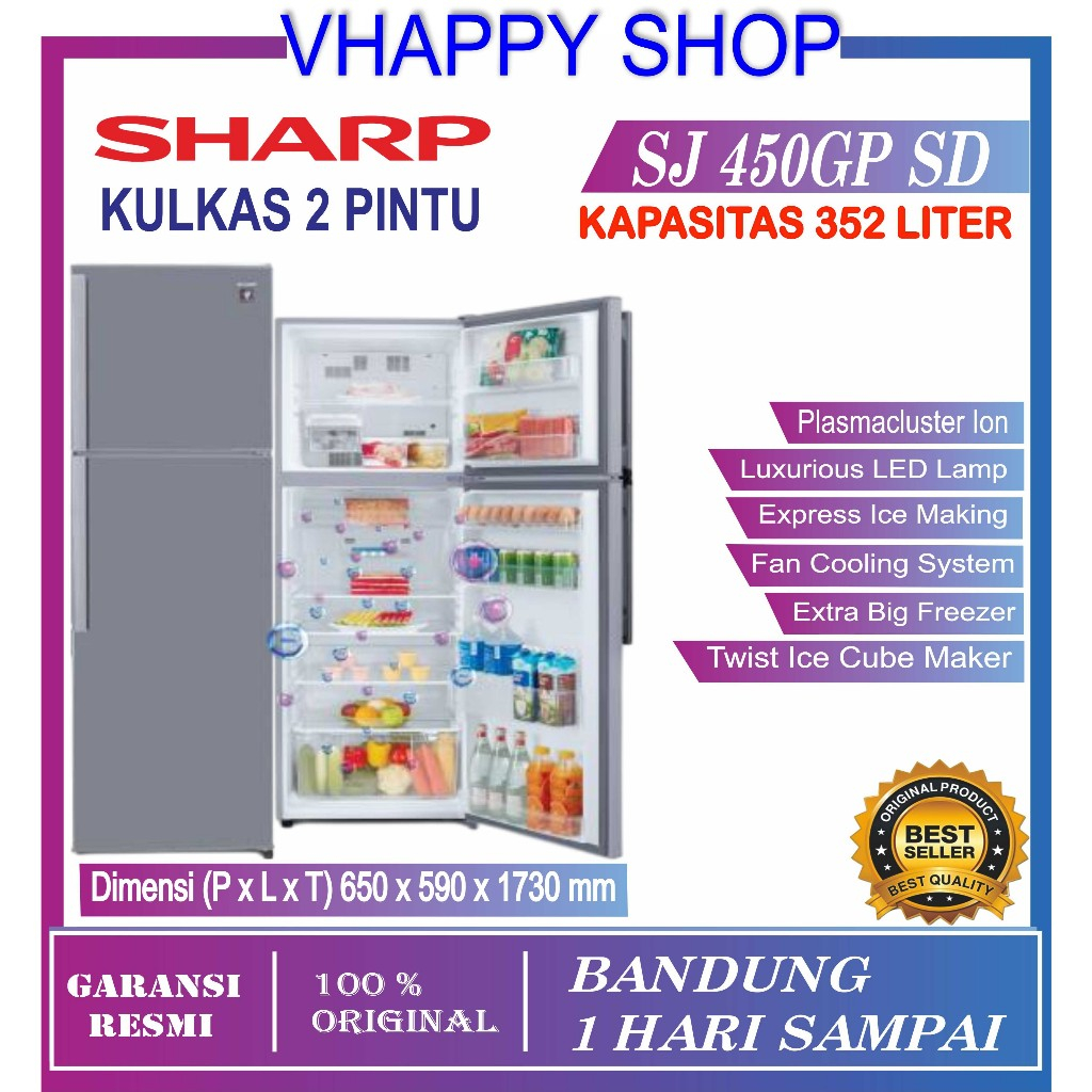 KULKAS SHARP SJ-450GP SD INVERTER 2 PINTU PLASMA SJ 450 GP SD Tanpa Bunga Es GARANSI RESMI