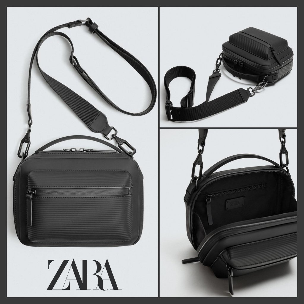 Tas Selempang Pria Zara Rubberised Textured Crossbody Bag Black Original Tas Sling Casual Cowok