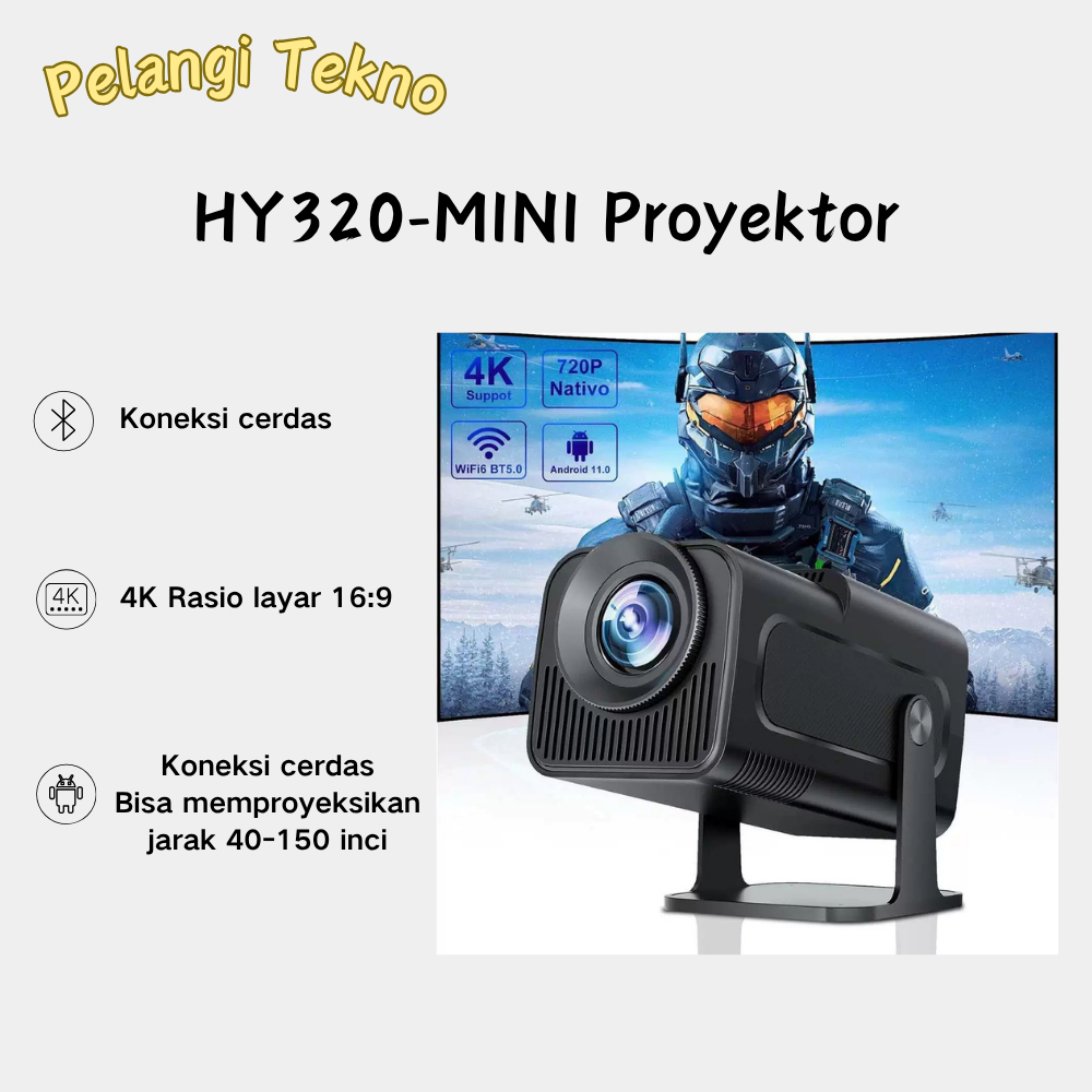 HY320 MINI Proyektor Android 11.0 UHD 1080P WiFi6.0 + HDMI IN Ultra HD Minimalis Dan Multifungsi Pro