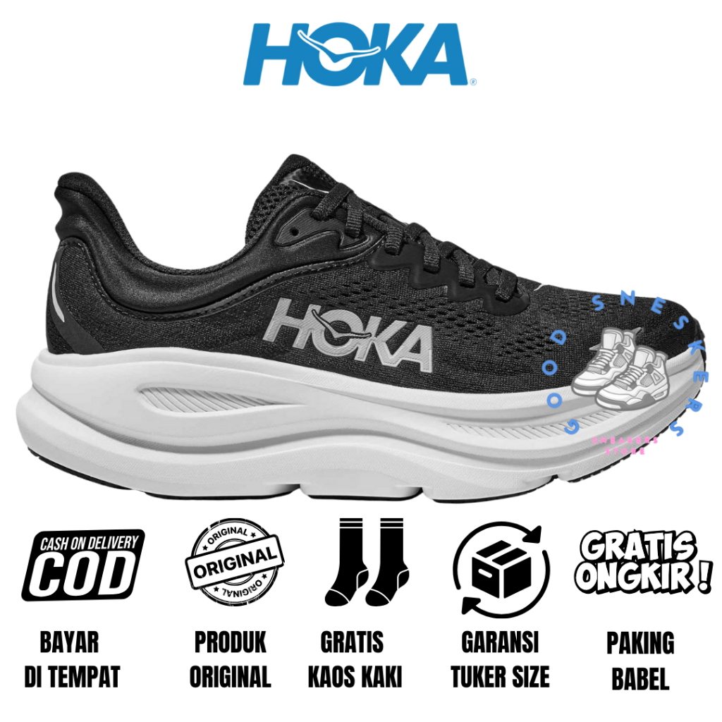 Sepatu Lari Pria Hoka Original Hoka Bondi 9 Black White
