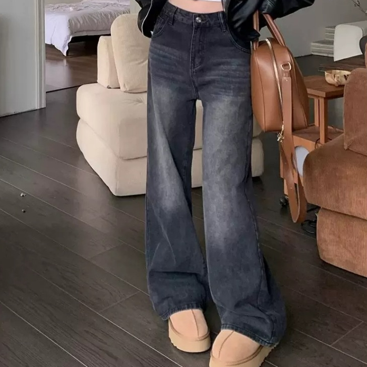 GDTIMA Celana Jeans Highwaist Hitam Retro Denim Wanita Jeans Kulot Pants