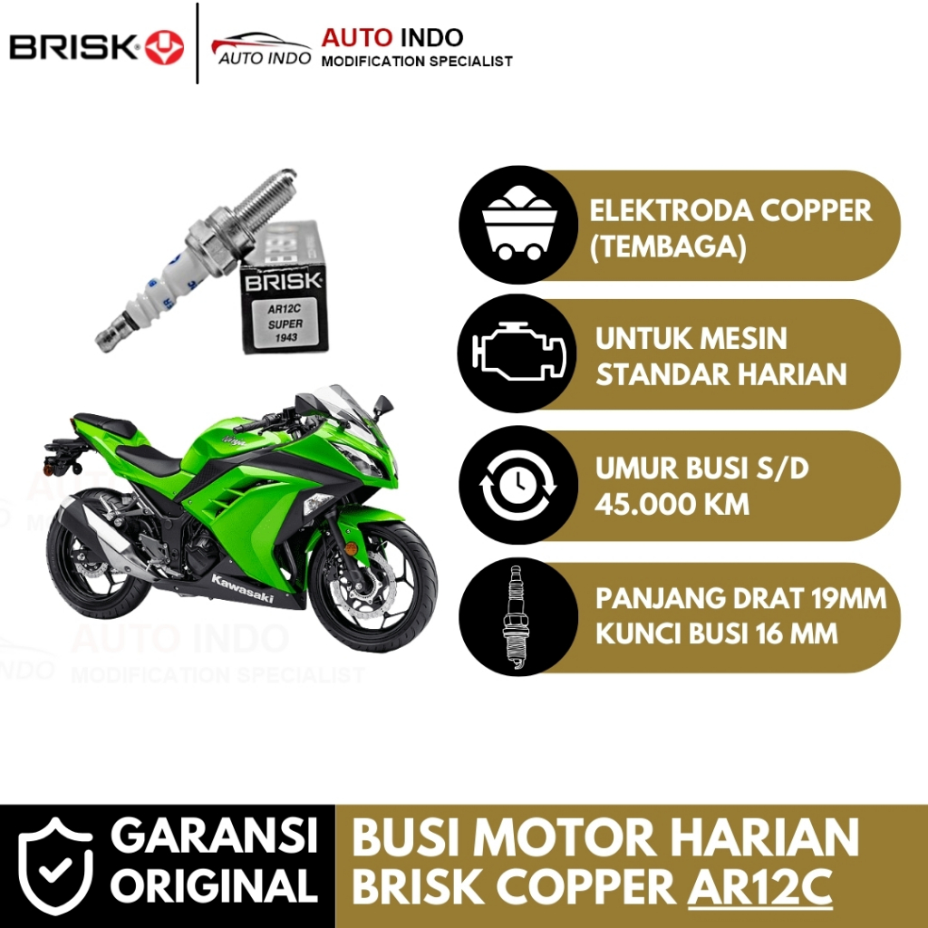 Busi Motor Brisk Copper Racing AR12C untuk Kawasaki Ninja 250 Karbu | Garansi Ori | Kunci Busi 16 mm