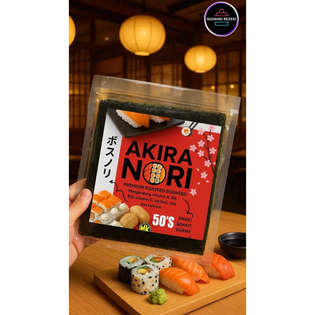 SUSHI NORI 50 SHEET AKIRA GRADE A NORI SUSHI NORI 50 LEMBAR KEMASAN KUALITAS HIJAU GELAP