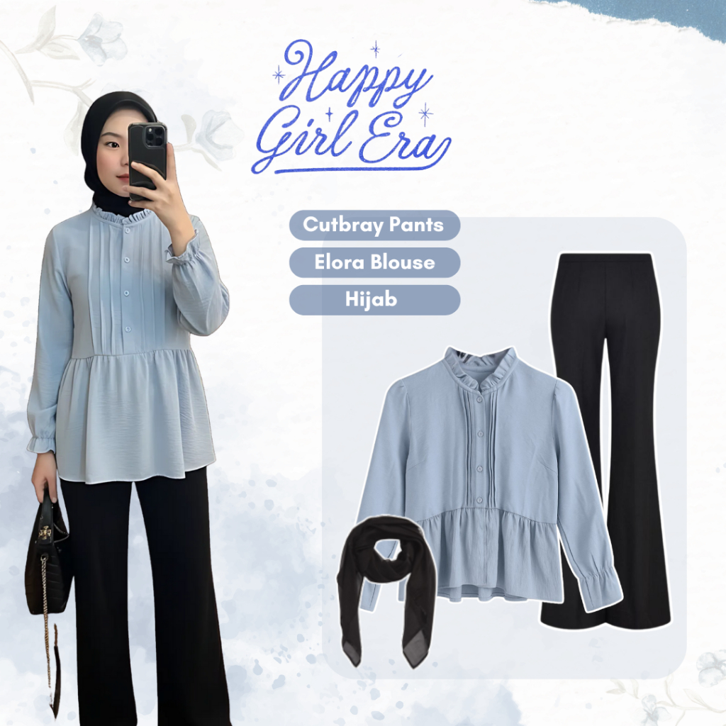 One Set Hijab Style || Ootd Kekinian - Elora Blouse Polo Linen Sky Blue + Celana Cutbray Scuba Hitam
