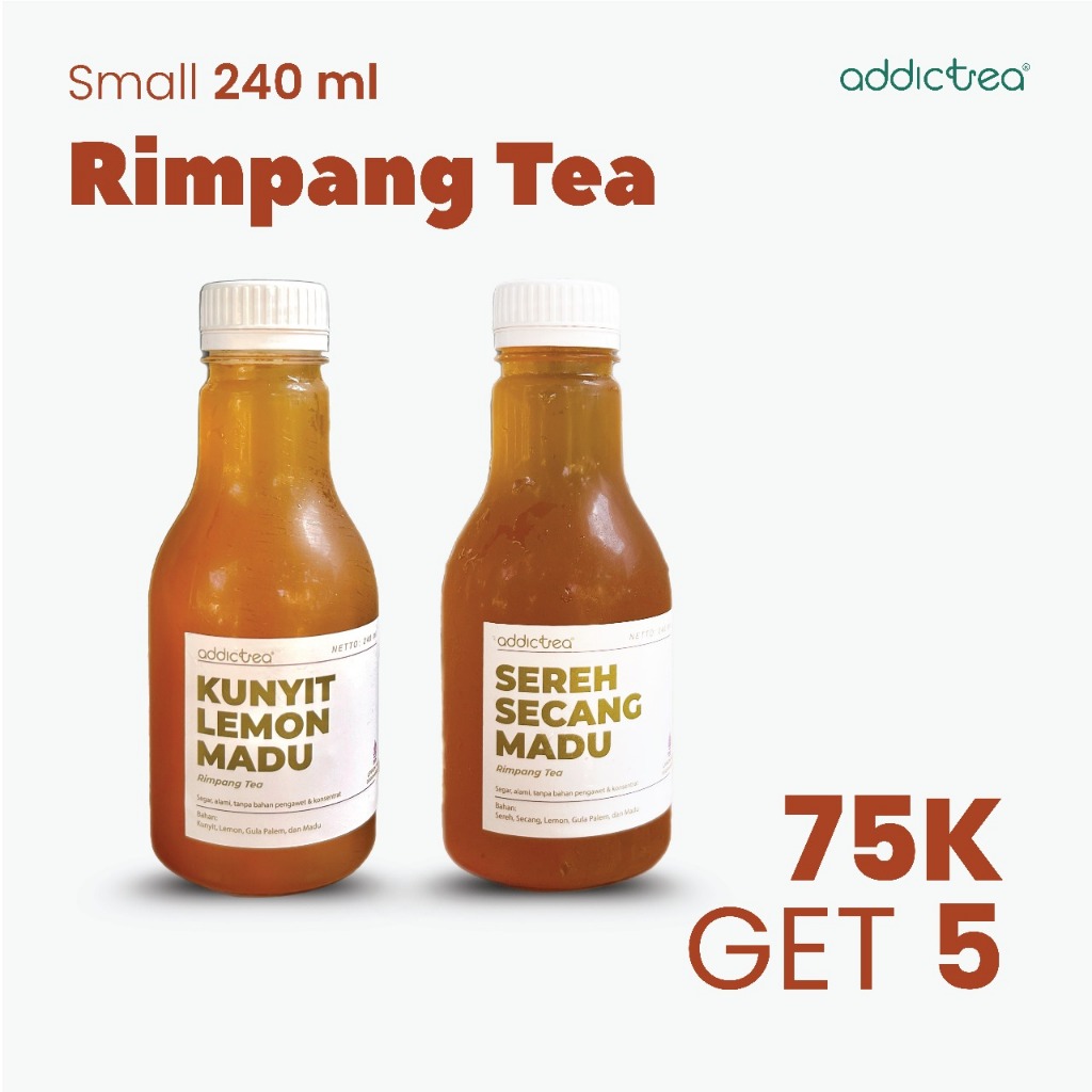 

Addictea Jamu Rimpang Minuman Botol Kekinian (kunyit,sereh,secang,rosella) 240ml