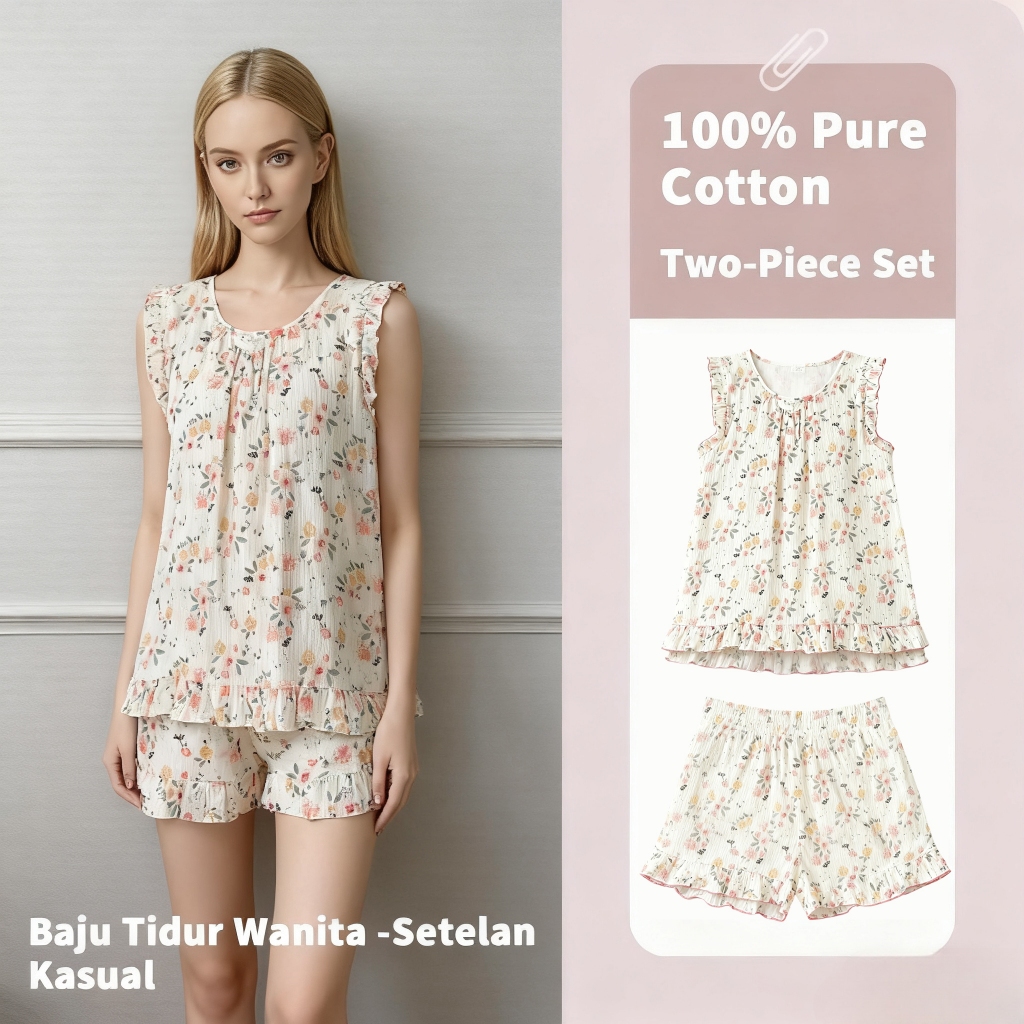 Piyama Wanita Musim Panas Setelan Tanktop + Celana Pendek Seksi Bahan Katun Tipis/Baju Rumah Untuk C