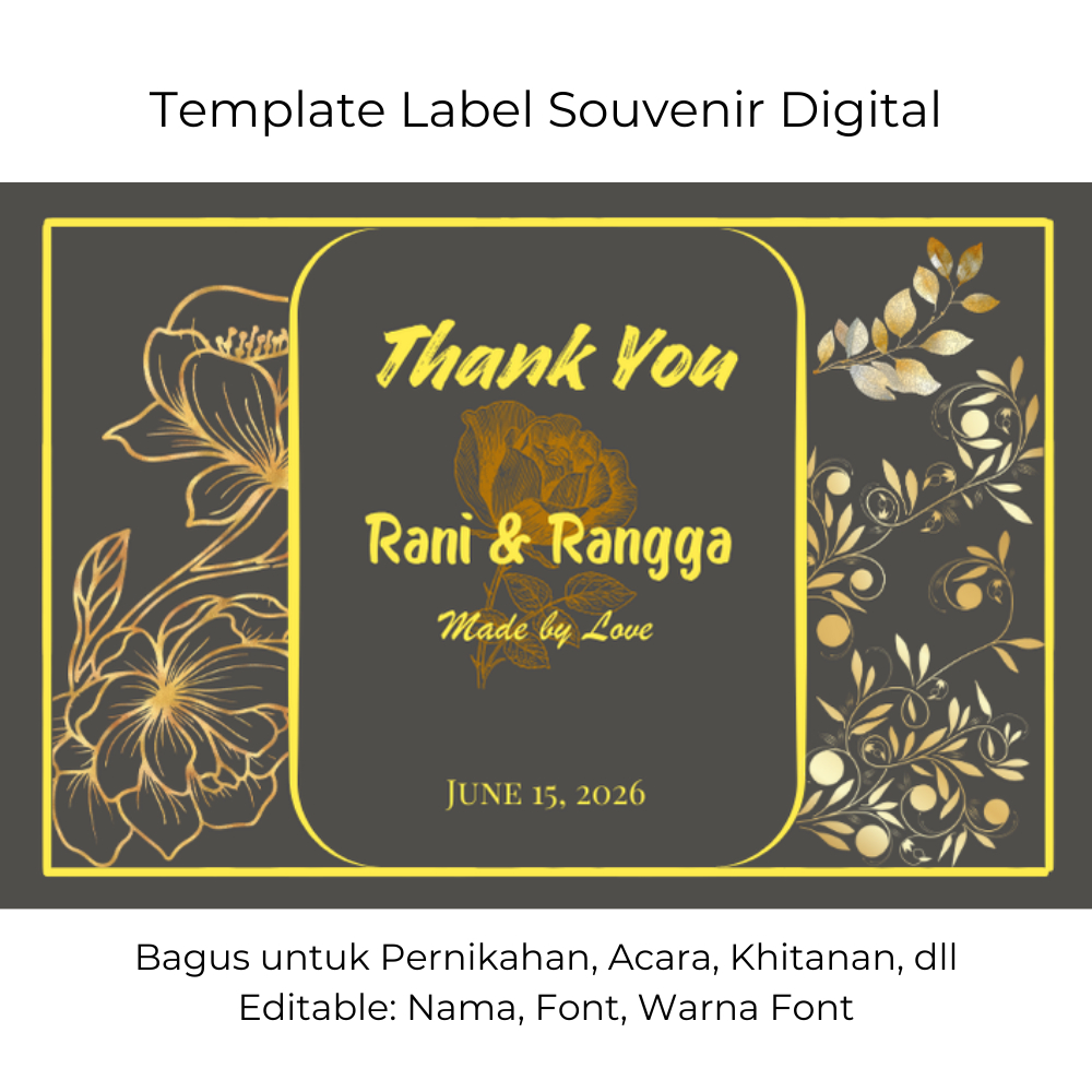 

Label Souvenir Pernikahan Custom – Desain Bunga HItam Emas Mewah, Nama & Tanggal Bisa Edit