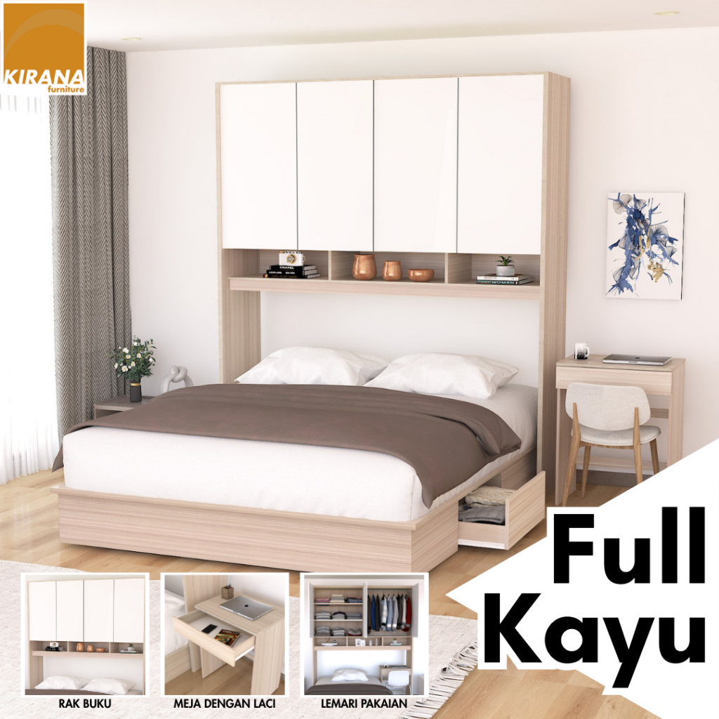 KIRANA Clay - Ranjang Set Divan Kayu Lemari Pakaian Putih Rak Pajangan Meja Belajar Modern Minimalis