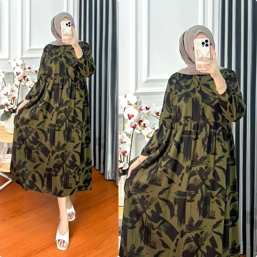Nian Midi Dres Lengan karet Mayung Baju Muslim Sleting Zipper Depan Ld 120