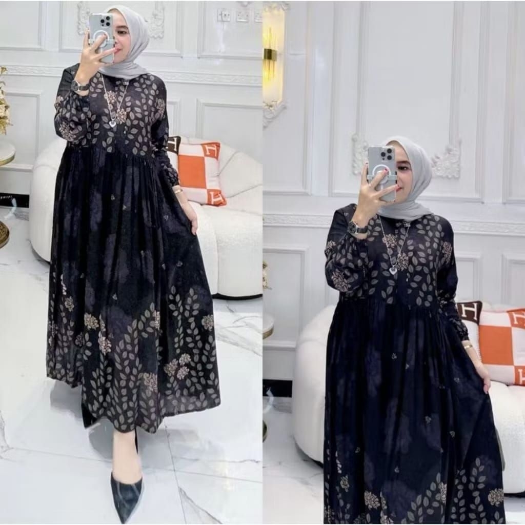 Nian Midi Dres Lengan karet Mayung Baju Muslim Sleting Zipper Depan Ld 120