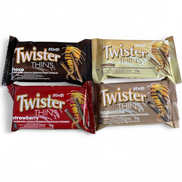 

Delfi Twister Thins Wafer Roll Cokelat Aneka Rasa | Choco, Vanilla, Strawberry, Cappuccino