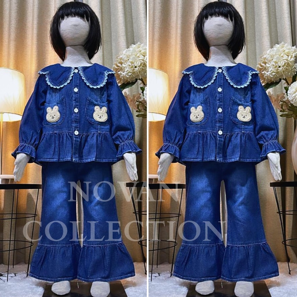 Stelan jeans 3in1 anak perempuan import korean style kombinasi brokat premium usia 3 - 10 tahun cela