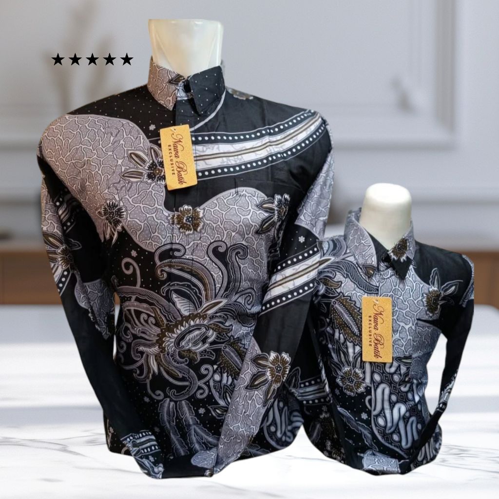 Batik Pria PREMIUM Warna Hitam Silver Lengan Panjang Batik Ayah Dan Anak Ayah Pakai Furing Hero Anak