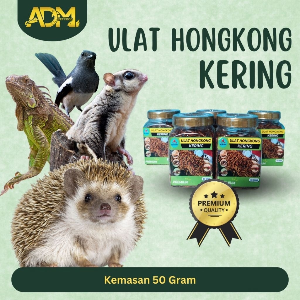 Ulat Hongkong Kering 50gr Pakan Burung, hamster, landak, kura-kura, gecko, ikan arwana, chana, snack