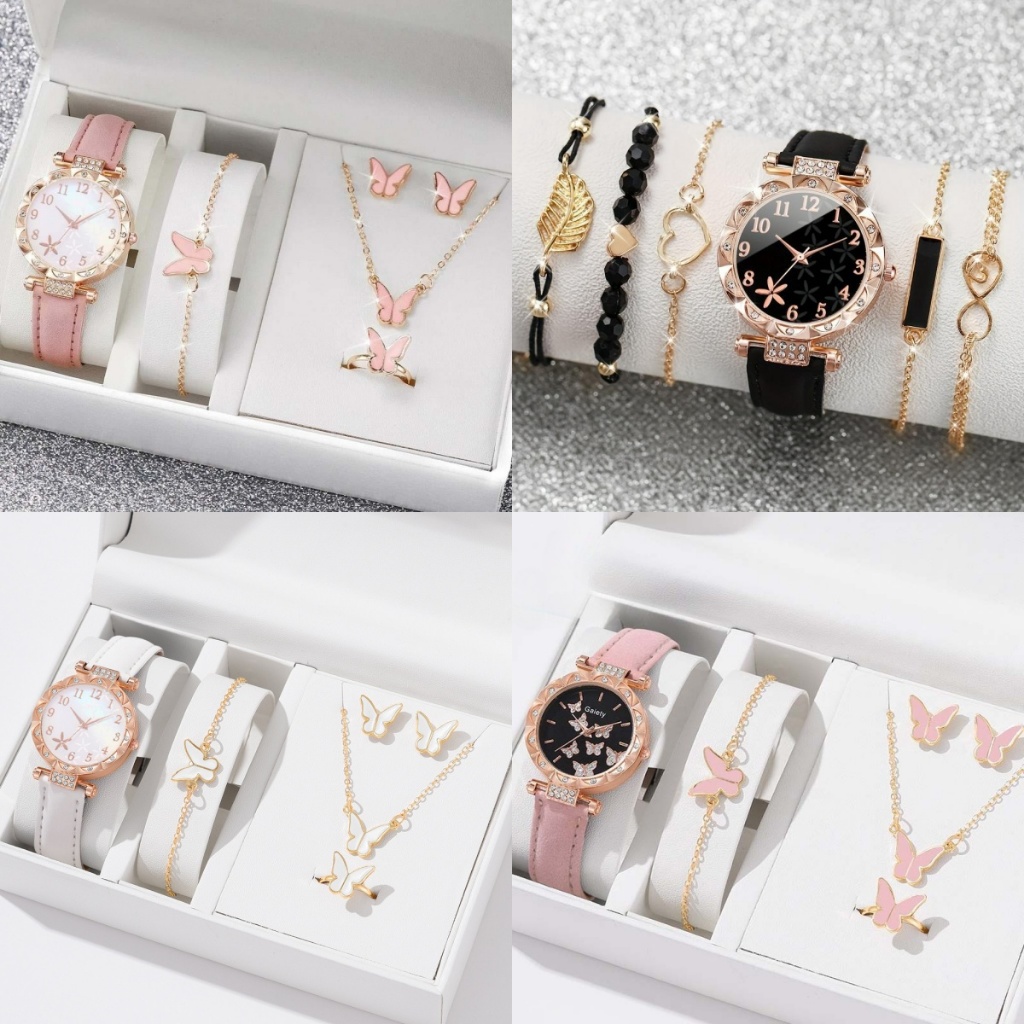 5PCS Jam Tangan Kuarsa Wanita Bergaya Berlian Berlian Kupu-kupu Dial PU Tali Kulit Jam Tangan Kasual