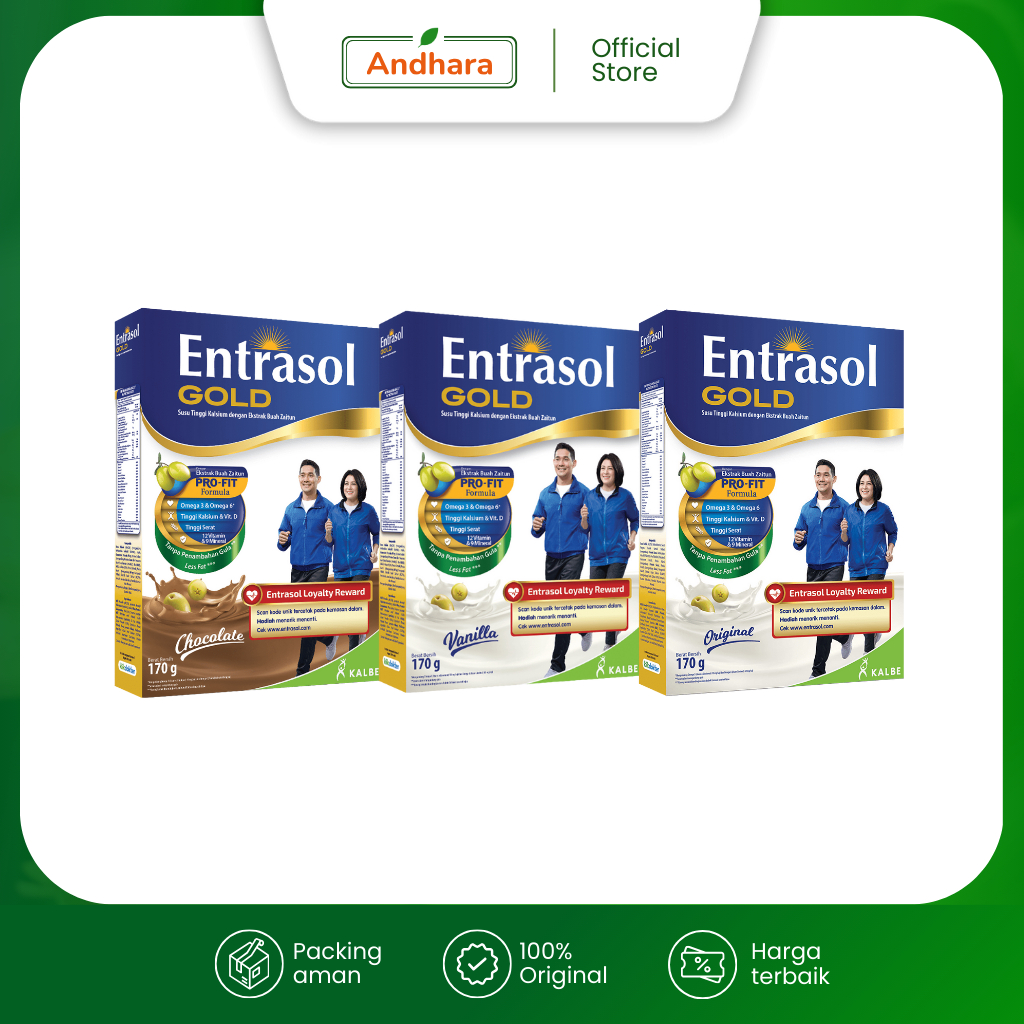 

Entrasol GOLD Pro-Fit Formula 170gr - Susu Dewasa/ Lansia 51 Tahun Ke Atas - Tinggi Kalsium dengan Ekstrak Buah Zaitun - Nutrisi Tambahan untuk Tulang Kuat