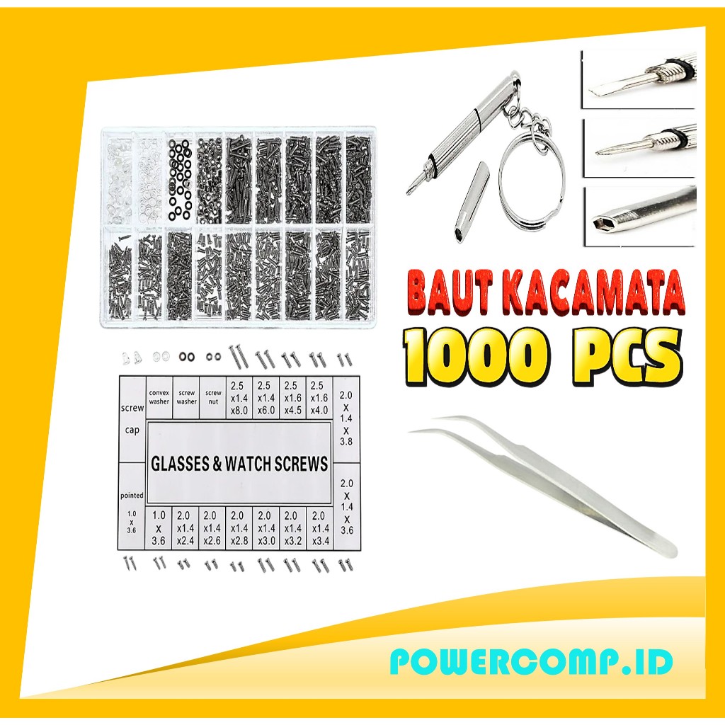 1000 PCS Baut Kacamata + Obeng Multifungsi + Pinset | Sekrup Mini Kacamata Jam Tangan HP Laptop | Ki