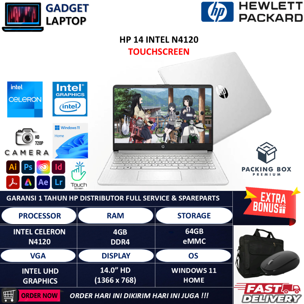 Laptop Hp 14 Intel N4120 4GB 64GB eMMC 14" Touchscreen Win11Home