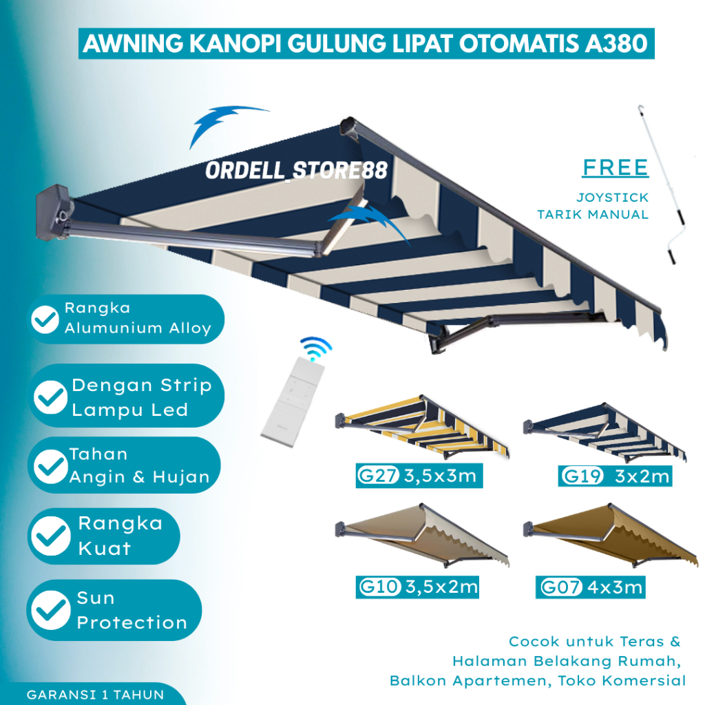 Awning Gulung Kanopi Lipat Automatic 2 / 3 Meter Awning Elektrik Dengan Lanpu LED Kanopi Buka Tutup 