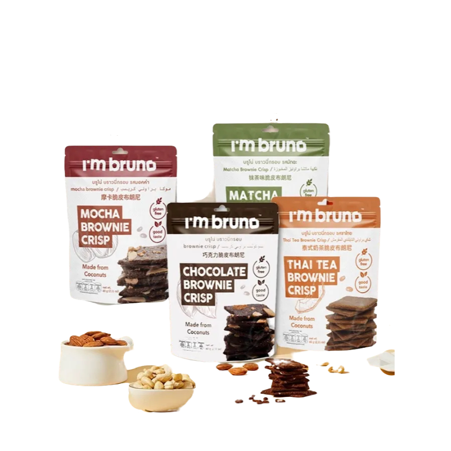 

Bruno Brownie Crisps (60g) Bruno Brownie Crisps, baked brownies made from coconut flour, coconut oil, coconut sugar, gluten free.