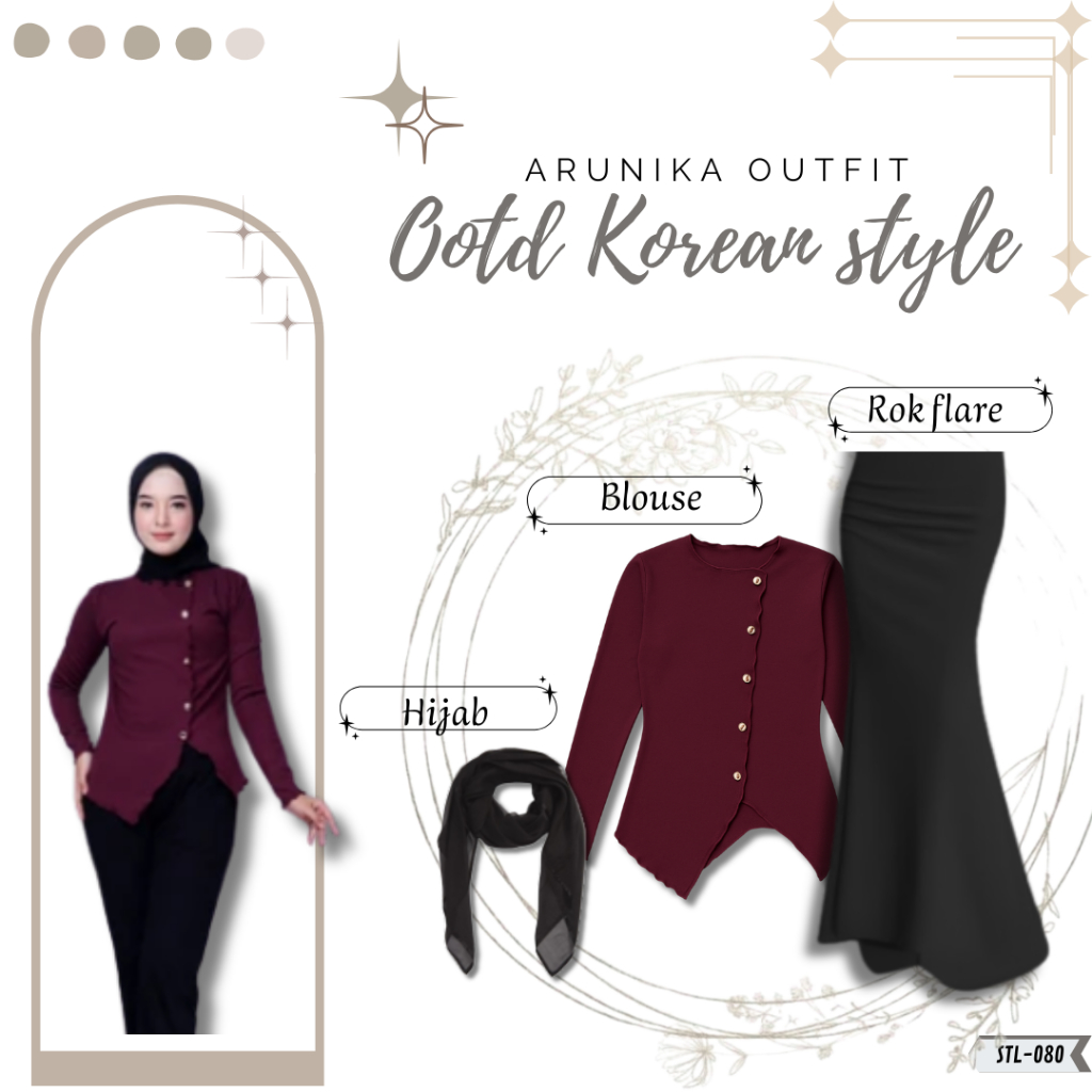 Arunika Blouse Oneset 3in1  Korean Style Rok Flare Duyung Blouse Snowrib Hijab Bella Square OOTD Kek