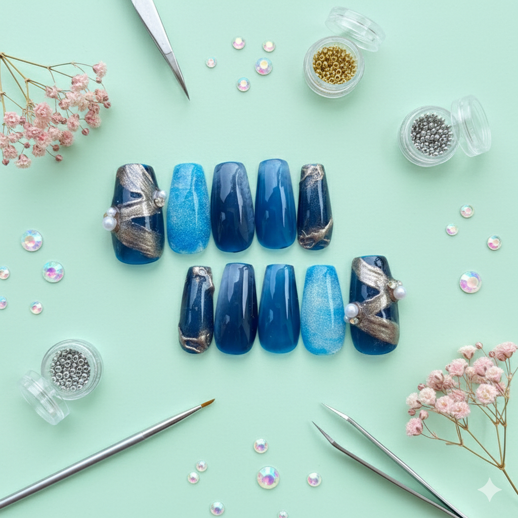 KUKU PALSU ID - Kuku palsu panjang handmade free lem for wedding pengantin lamaran warna navy vol D4