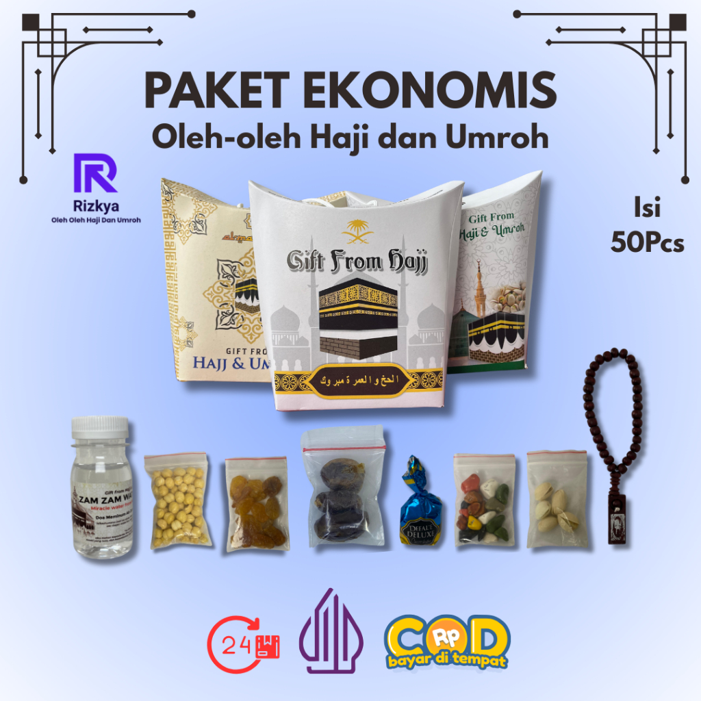 

Paket Ekonomis 50Pcs Oleh-oleh Haji dan Umroh Isi Air Zamzam Dus Tali