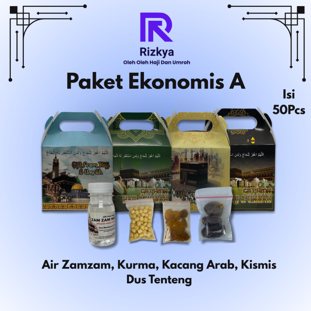 

Paket Ekonomis 50Pcs Oleh-oleh Haji dan Umroh Isi Air Zamzam Dus Tenteng