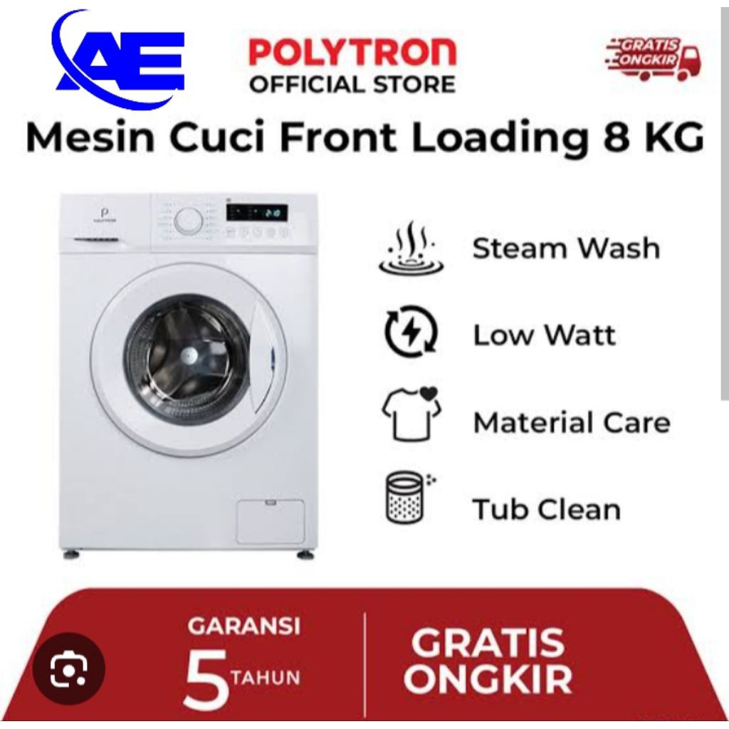 MESIN CUCI POLYTRON OTOMATIS FRONT LOADING PFL-8051 (8kg)