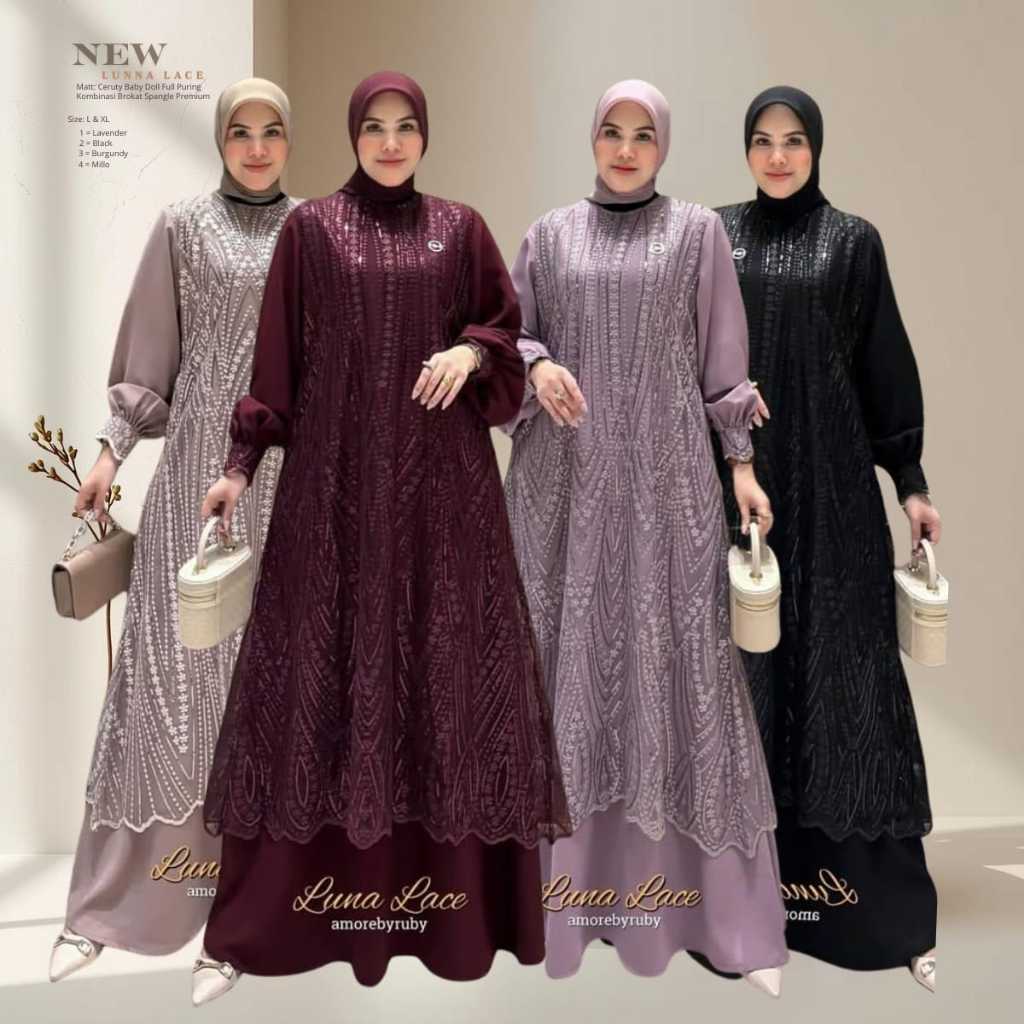 Gamis Brokat Mewah Lunna Lace Dress Ceruty Baby Doll Premium Baju Pesta Muslimah Kekinian 2025