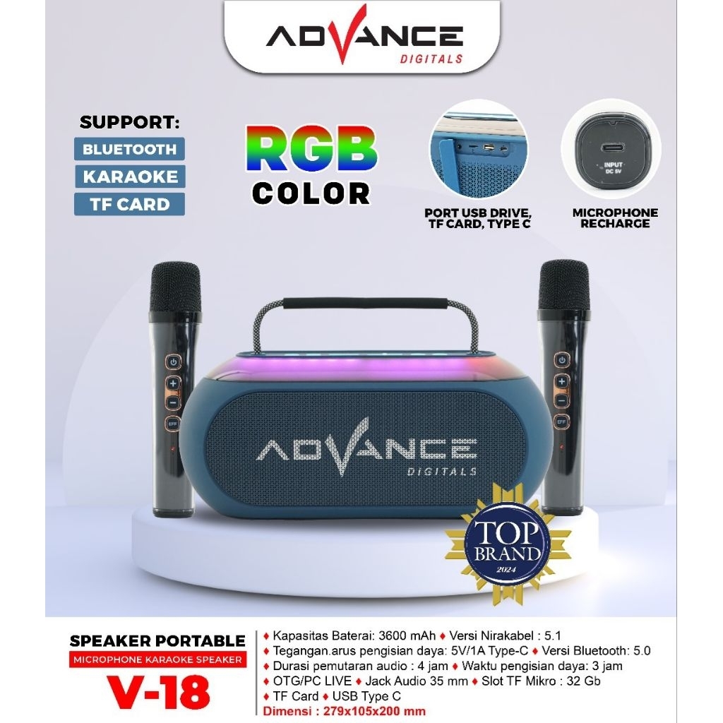 Speaker Portable Bluetooth Advance V-18 Free 2 Mic/Speaker Karaoke Mini Advance V18 ORI