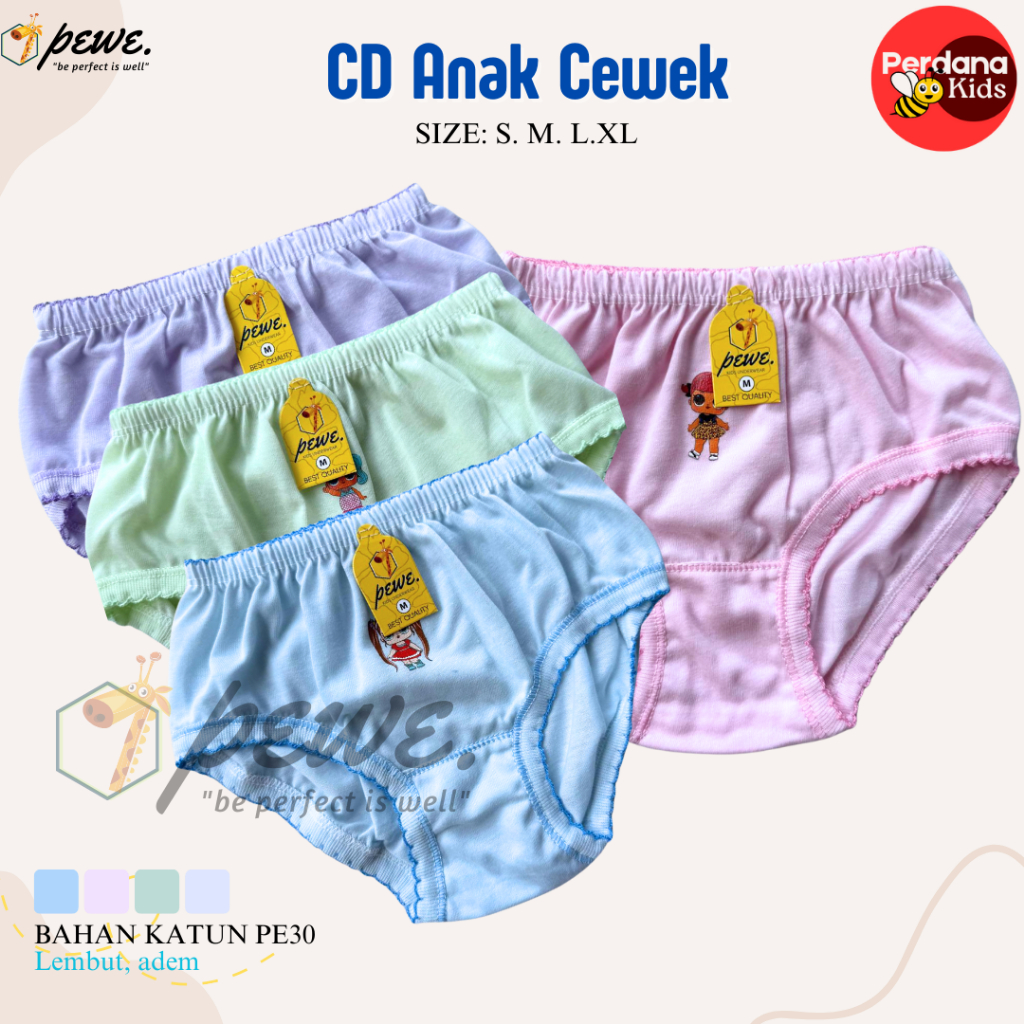 Celana Dalam Anak Perempuan Polos Katun Adem 1/2 Lusin | CD Anak Cewek Balita–SD | Grosir Murah | Ka
