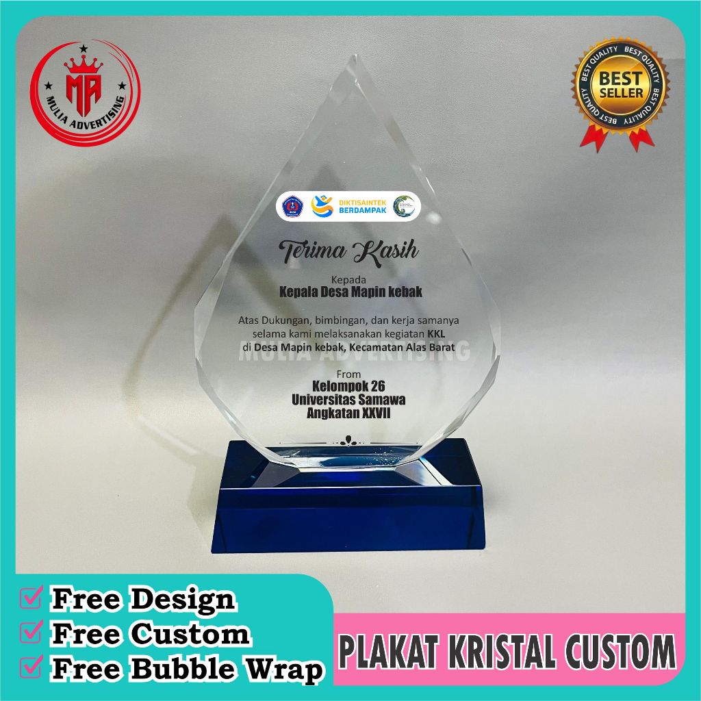 Plakat kristal custom, Plakat kristal elegan, Plakat murah, Plakat kristal mewah - Proses 1 hari