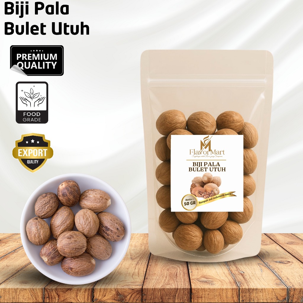 

Biji Pala Bulet Utuh Panjang 50 gr / Nutmeg Seed/ Rempah Kualitas