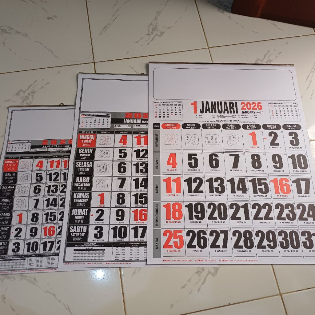 

2026 Kalender Dinding 12 Bulan Besar/Jumbo, Tanggung/Sedang, Kecil Masehi, Hijriyah, Jawa, Cina, Pranoto Mongso, Wuku Lengkap